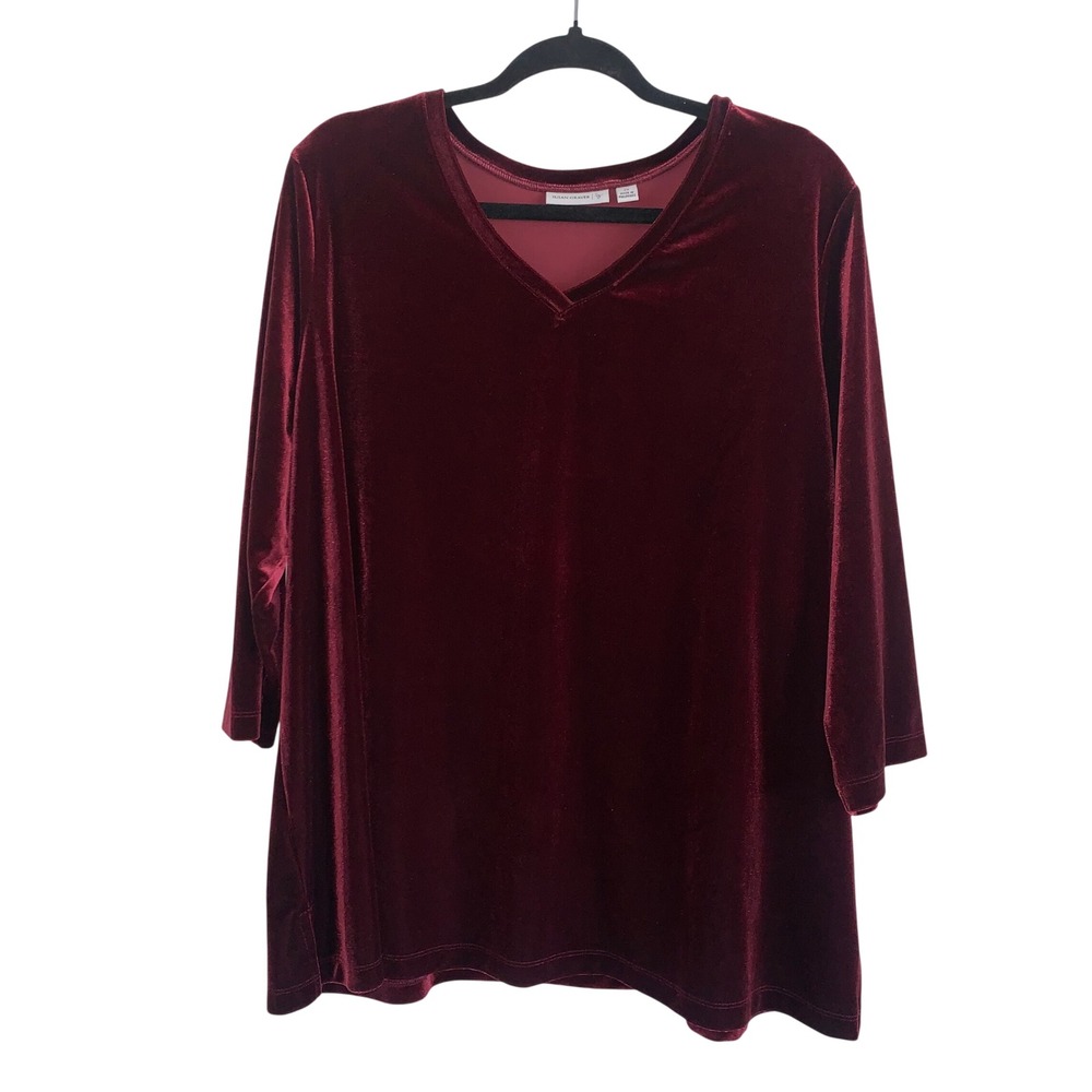 Susan Graver Womens 2X Burgundy Velvet V-Neck 3/4 Sleeve Tunic Top A297120‎